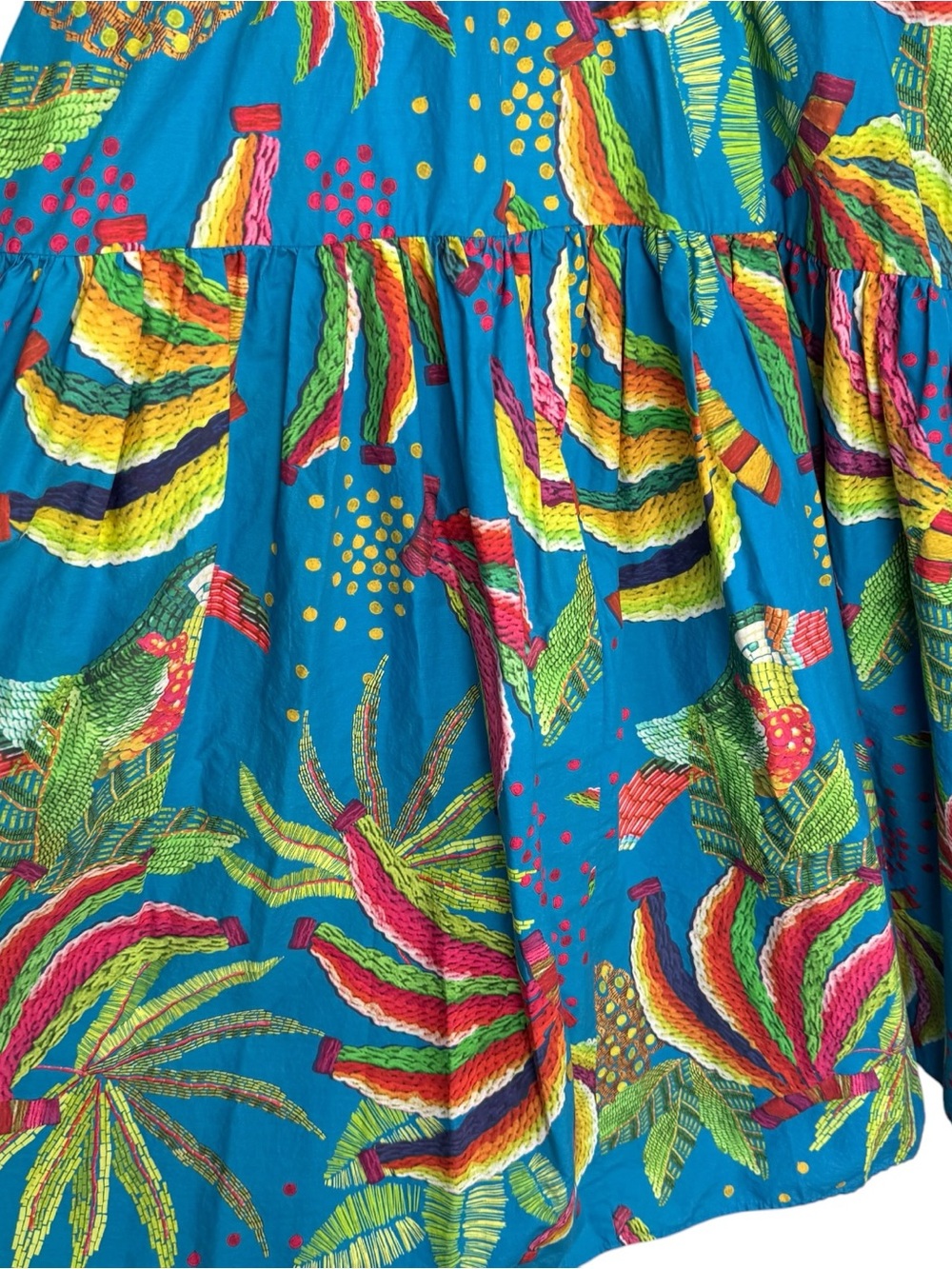 Farm Rio Tropics Tiered Midi Dress Size XS Blue Banana Print Puff Sleeve Cotton - Picture 11 of 15
